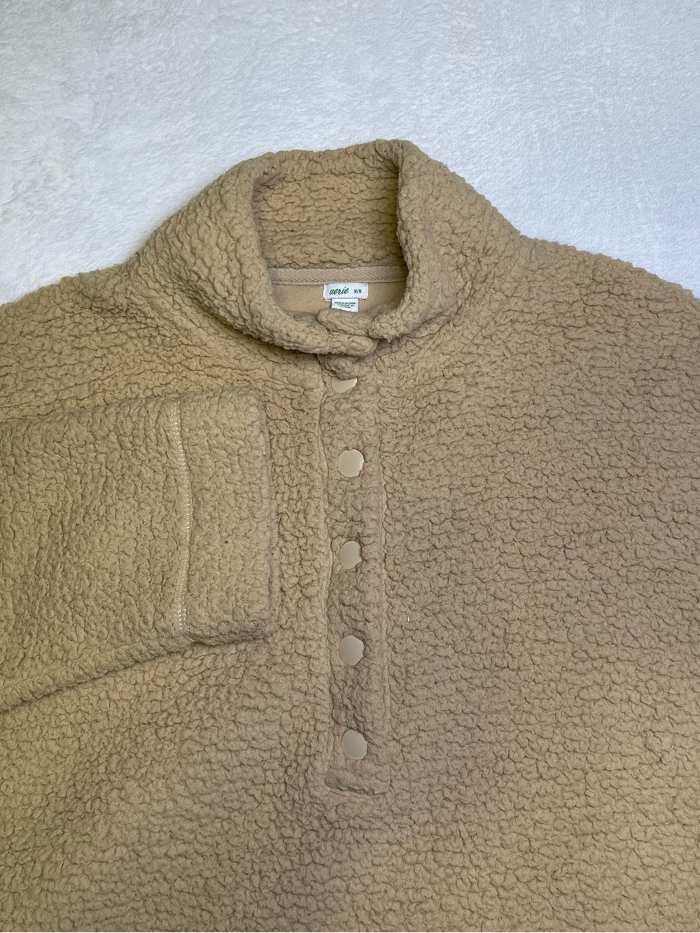 Aerie Women's Tan Sherpa Fleece Snap Neck Pullover Sweatshirt Size M
